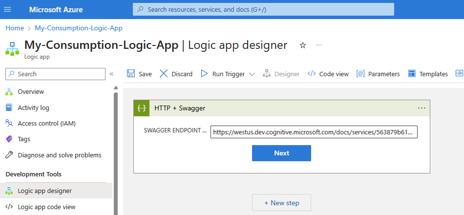 Screenshot shows Consumption workflow designer with trigger named H T T P + Swagger. The SWAGGER ENDPOINT URL property is set to a URL value.