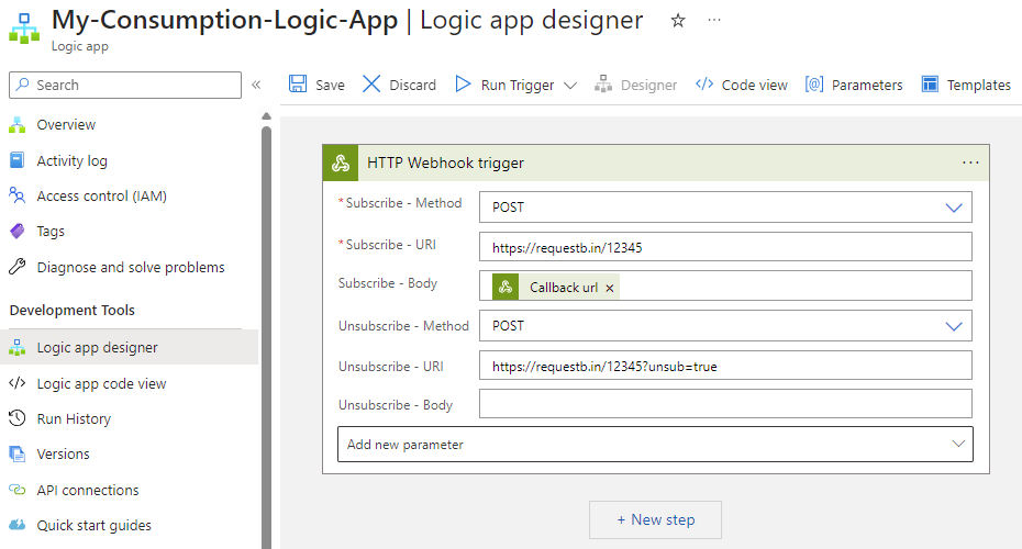 Screenshot shows Consumption workflow with HTTP Webhook trigger parameters.