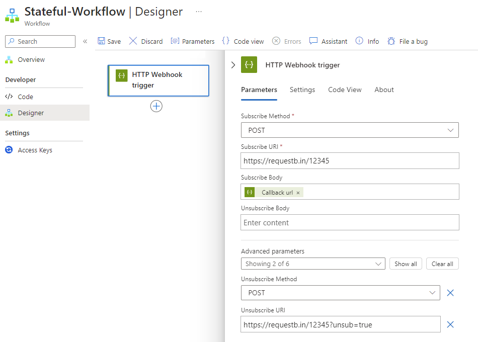 Screenshot shows Standard workflow with HTTP Webhook trigger parameters.