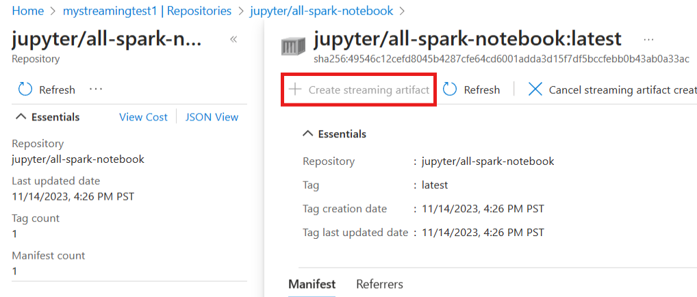 A screenshot of Azure portal with the create streaming artifact button highlighted.