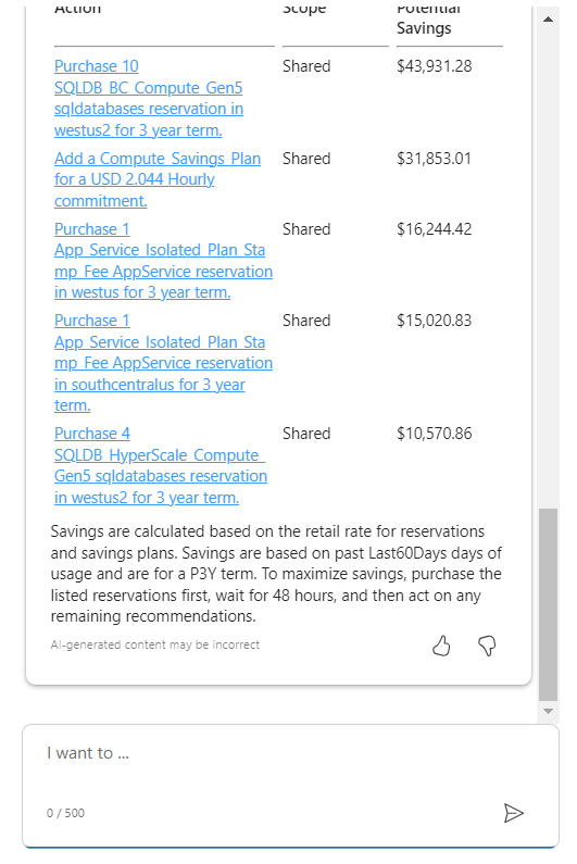 コストを削減するための推奨事項のリストの続きが表示された Microsoft Copilot in Azure を示すスクリーンショット。