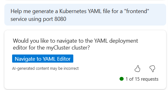 Microsoft Copilot for Azure で AKS YAML ファイルを生成するための補助を求めるプロンプトのスクリーンショット。