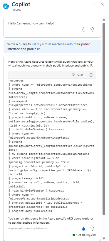 VM を一覧表示する要求に応答する Microsoft Copilot for Azure のスクリーンショット。