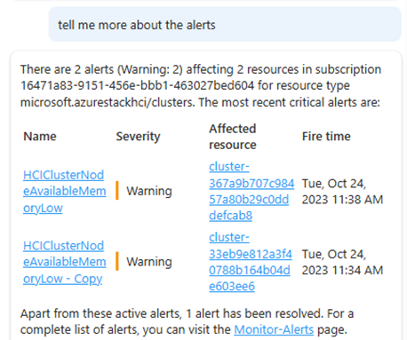 Azure Stack HCI クラスターに影響するアラートに関する情報を提供する Microsoft Copilot for Azure を示すスクリーンショット。