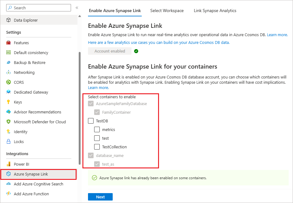Screenshot showing how to turn on analytical store for an Azure Cosmos DB existing container.