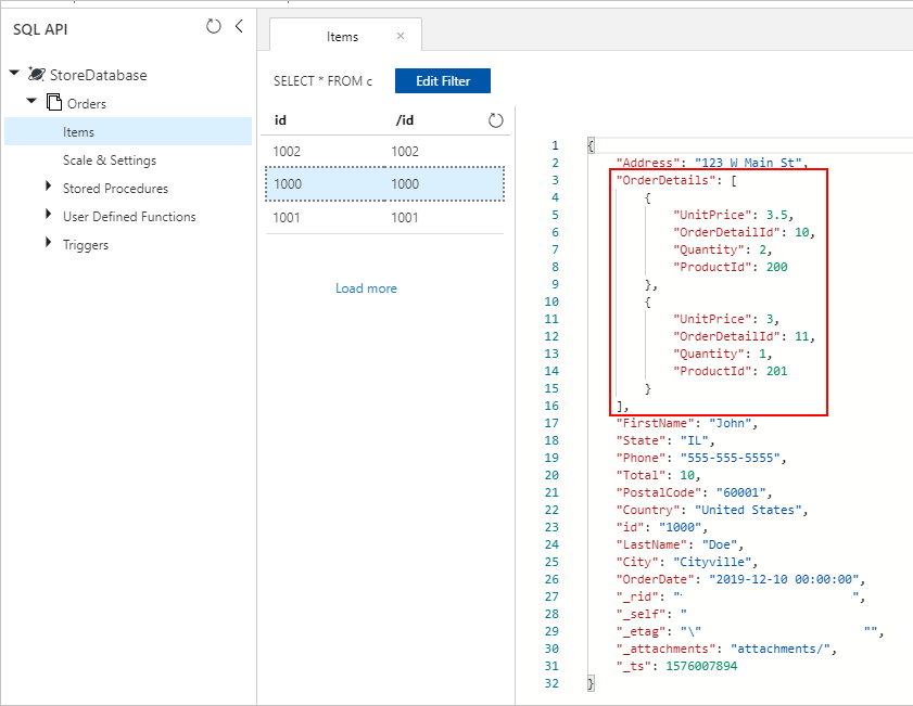 移行後の結果のデータのスクリーンショット。