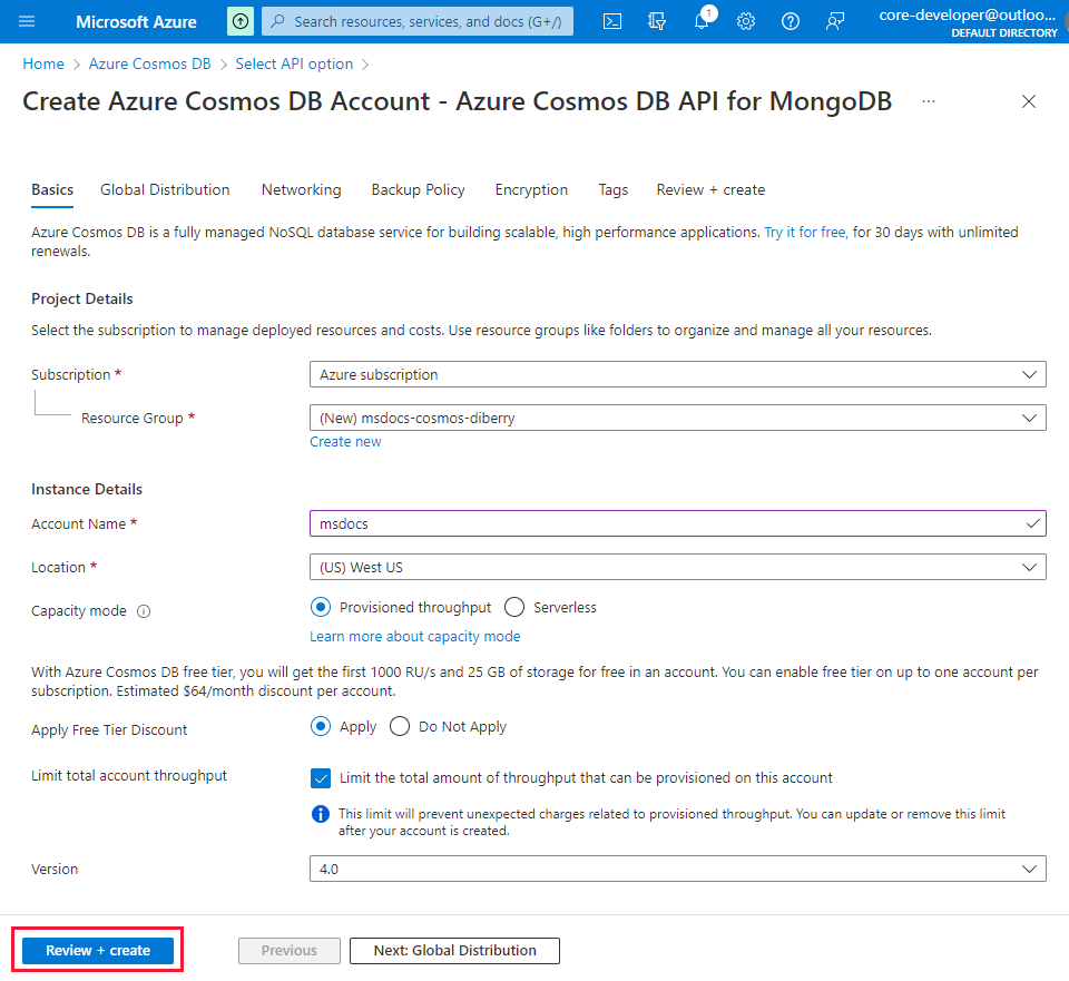 Azure Cosmos DB DB SQL API の新しいアカウント ページのスクリーンショット。