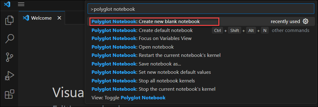 Visual Studio Code の [新しい Polyglot ノートブックの作成] コマンドのスクリーンショット。