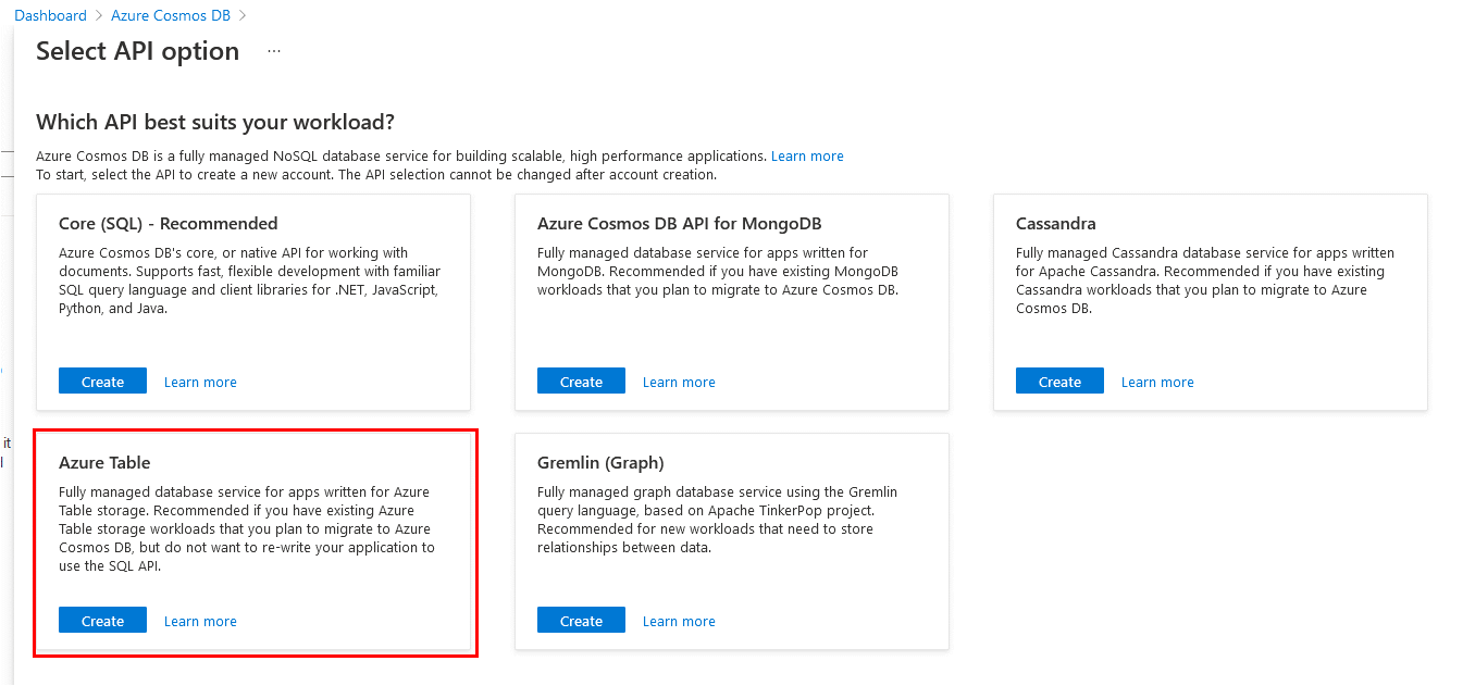 Azure Cosmos DB アカウントで Table 用 API を選択する方法を示すスクリーンショット。