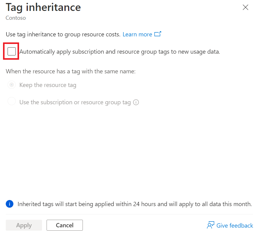 課金アカウントの [サブスクリプションとリソース グループのタグを新しいデータに自動的に適用する] オプションを示すスクリーンショット。