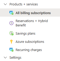 Cost Management + Billing と選択するサブスクリプションの一覧を示す Azure portal ナビゲーションのスクリーンショット。