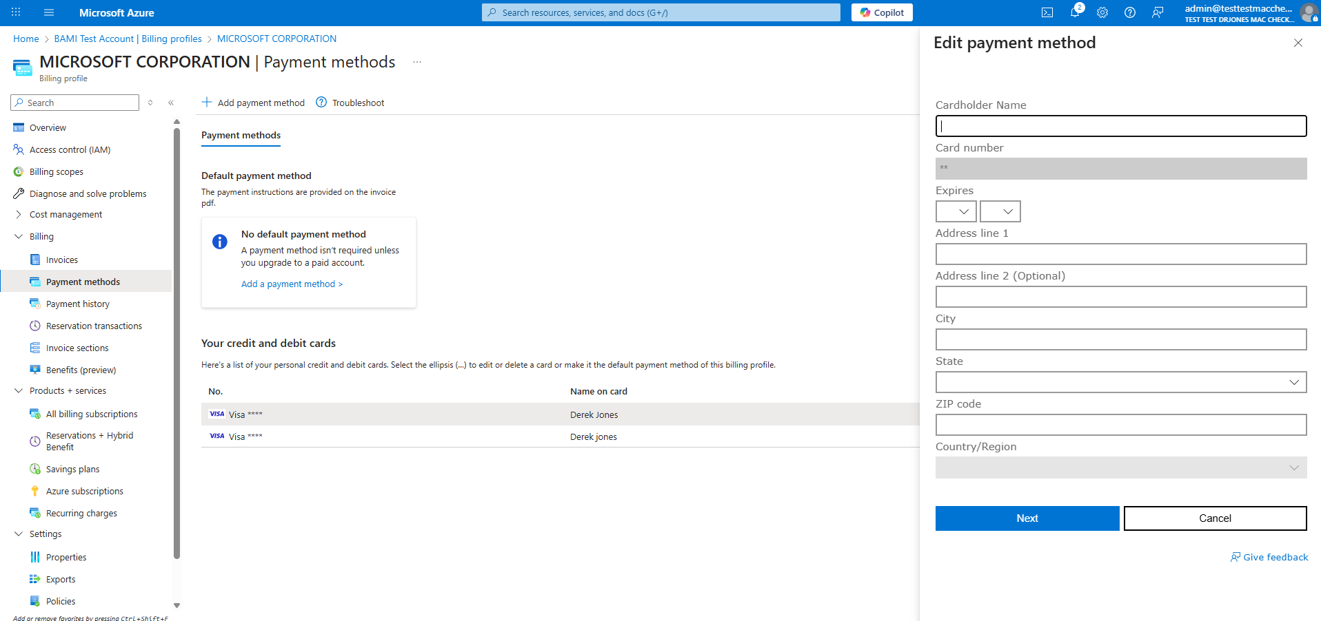 クレジット カードの詳細フィールドを示す [支払い方法の編集] サイド パネルのスクリーンショット。