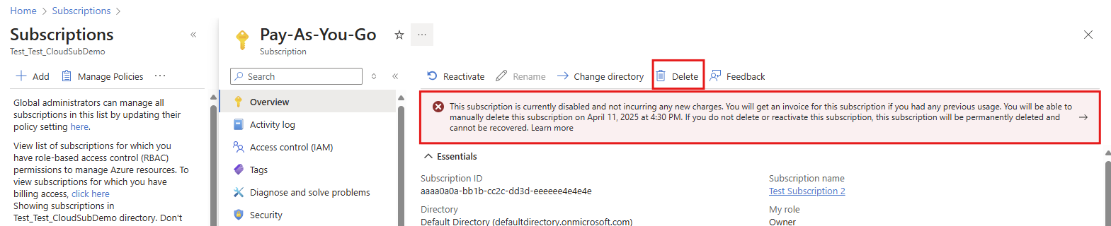 サブスクリプションを削除するための 3 日間の遅延のスクリーンショット。