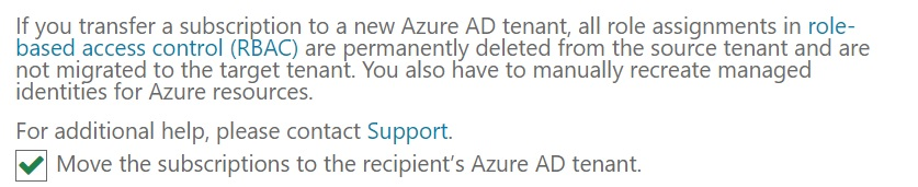サブスクリプションを Azure AD テナントに移動するためのチェック ボックスがオンになっている画像