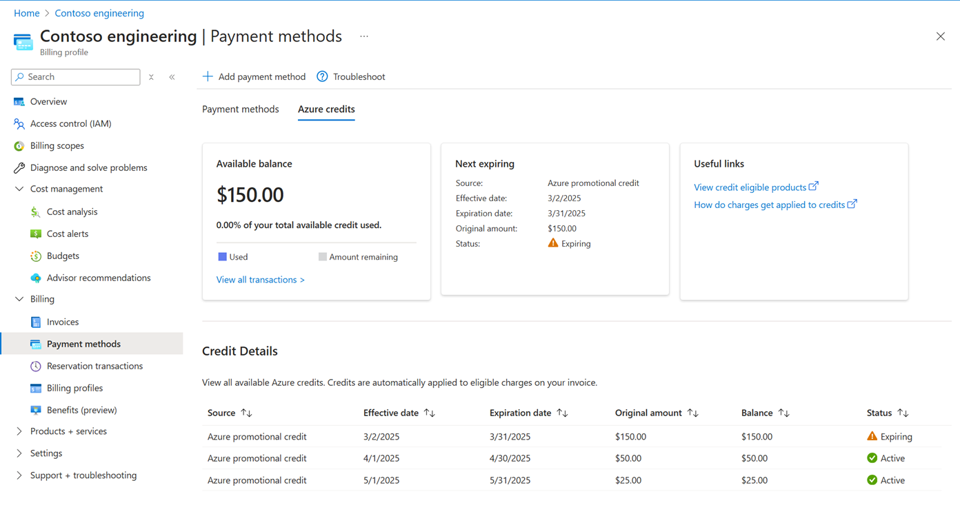 Azure portal の Azure クレジットのタブを示すスクリーンショット。