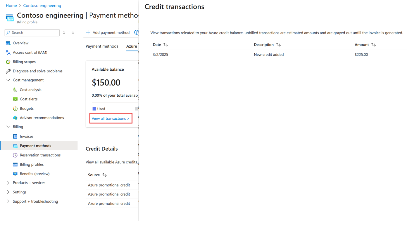 Cost Management + Billing の Azure portal のクレジット トランザクションを示すスクリーンショット。