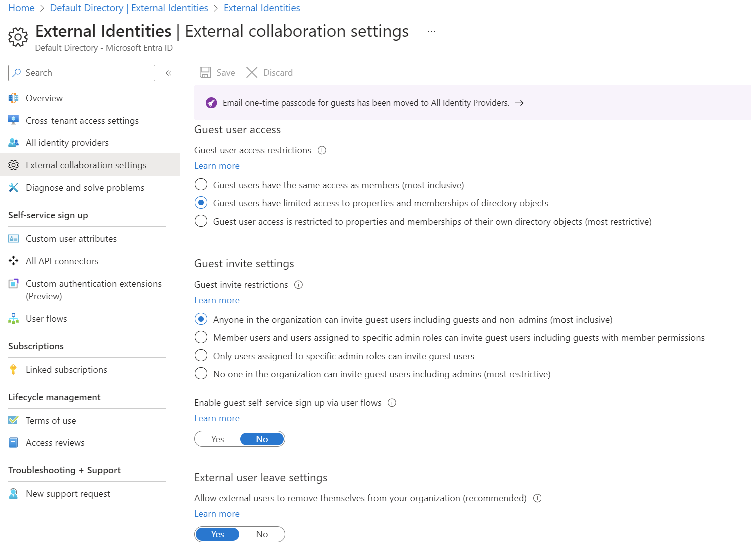 Microsoft Entra ID の外部コラボレーション設定を示すスクリーンショット。