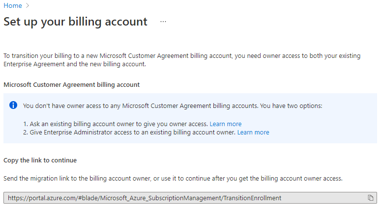 Microsoft 顧客契約課金アカウントを示すスクリーンショット。