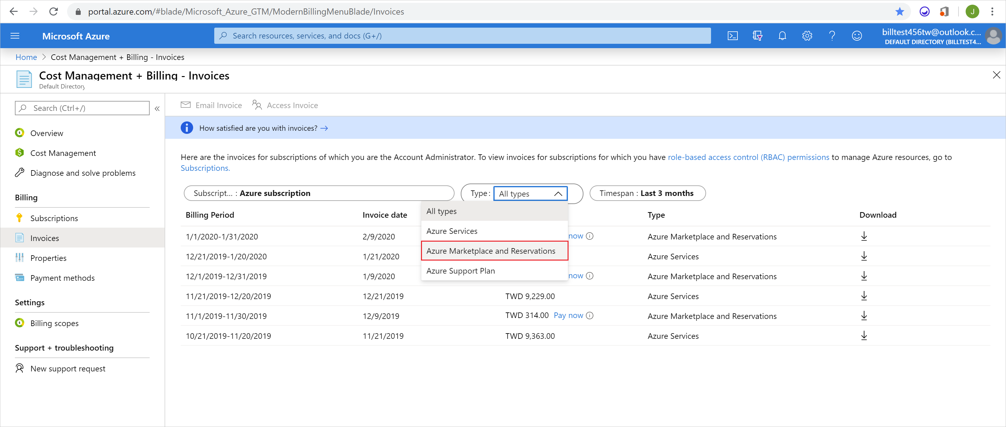 screenshot of Type filter selected, showing Azure Marketplace and Reservation selected in the drop-down