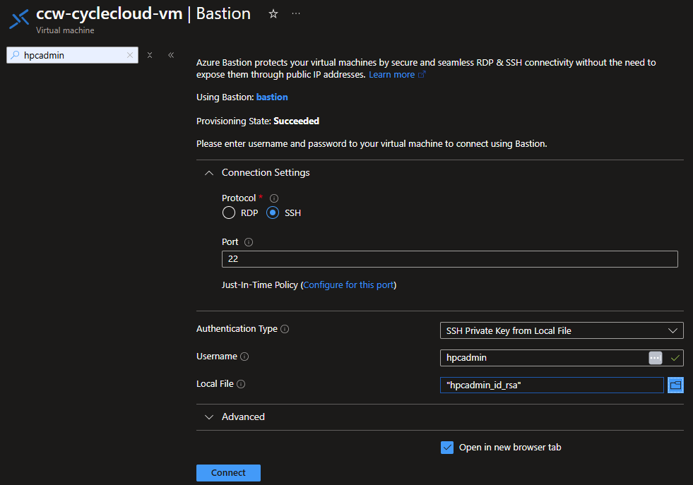 [Connect with Bastion connection options]\(Bastion 接続オプションを使用して接続\) のスクリーンショット