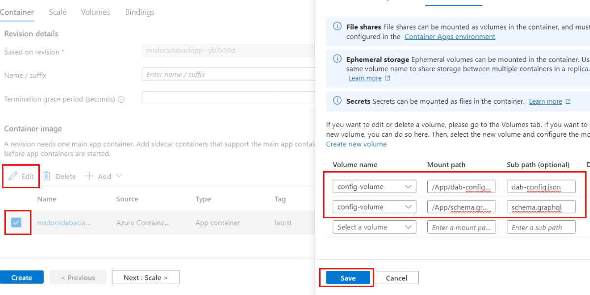 Azure portal の [ボリューム マウントの追加] セクションのスクリーンショット。