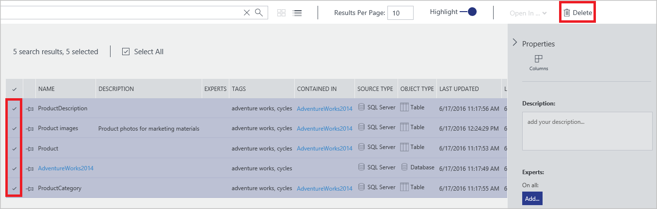 Azure Data Catalog - 複数のデータ資産の削除