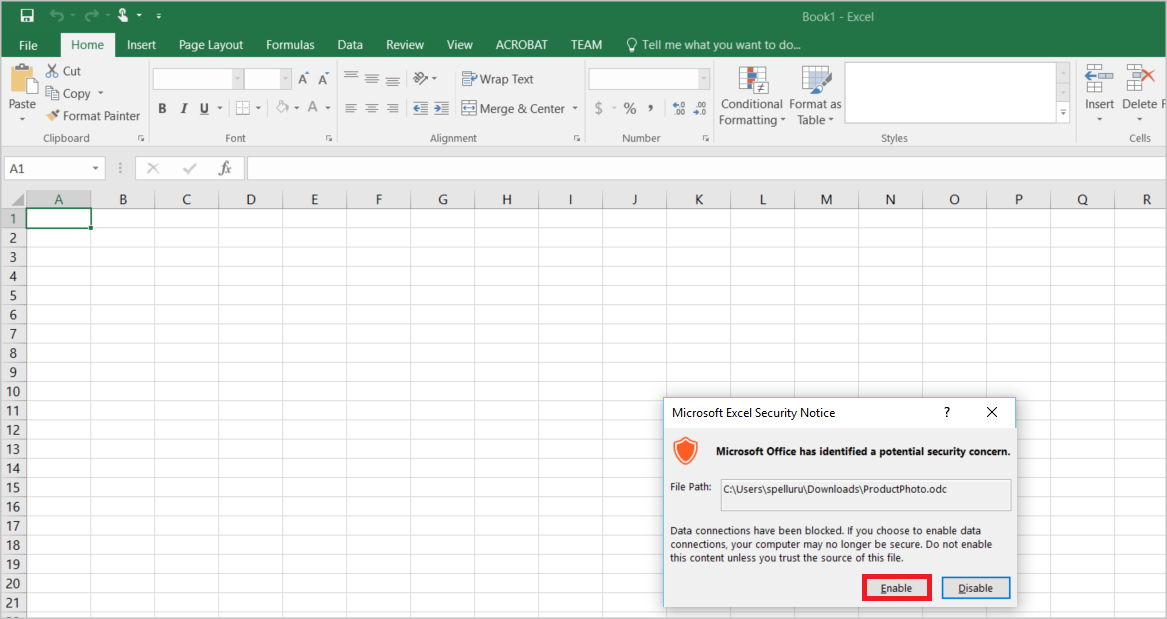 [Microsoft Excel Security Notice] (Microsoft Excel のセキュリティに関する通知) ポップアップで、[有効にする] ボタンが選択されています。