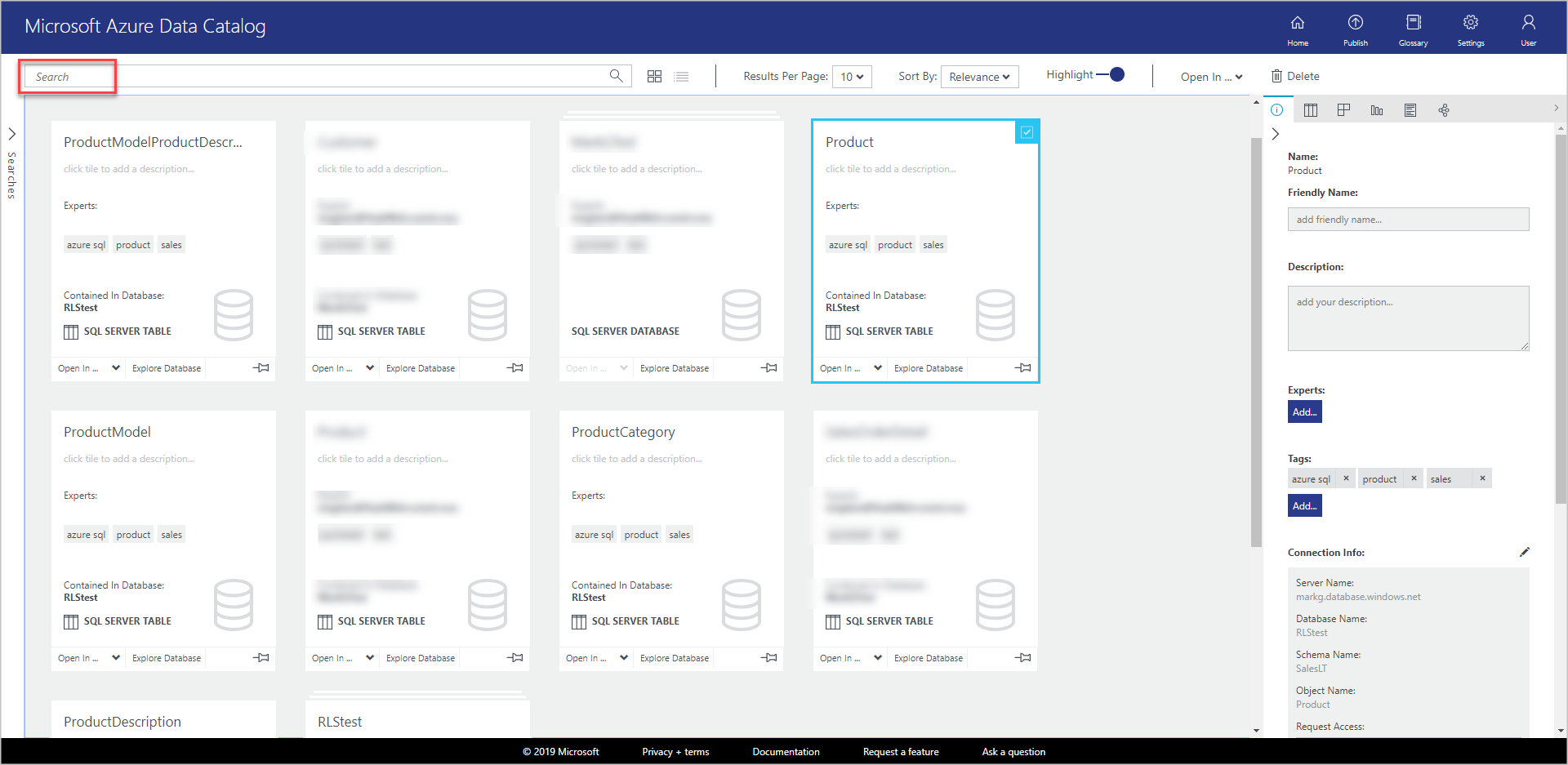 Microsoft Azure Data Catalog ウィンドウには、登録されている各オブジェクトのグリッド ビューに新しいタイルがあります。