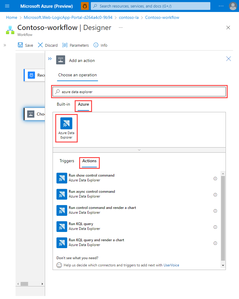 Azure Data Explorer アクションを示すデザイナー ページのスクリーンショット。