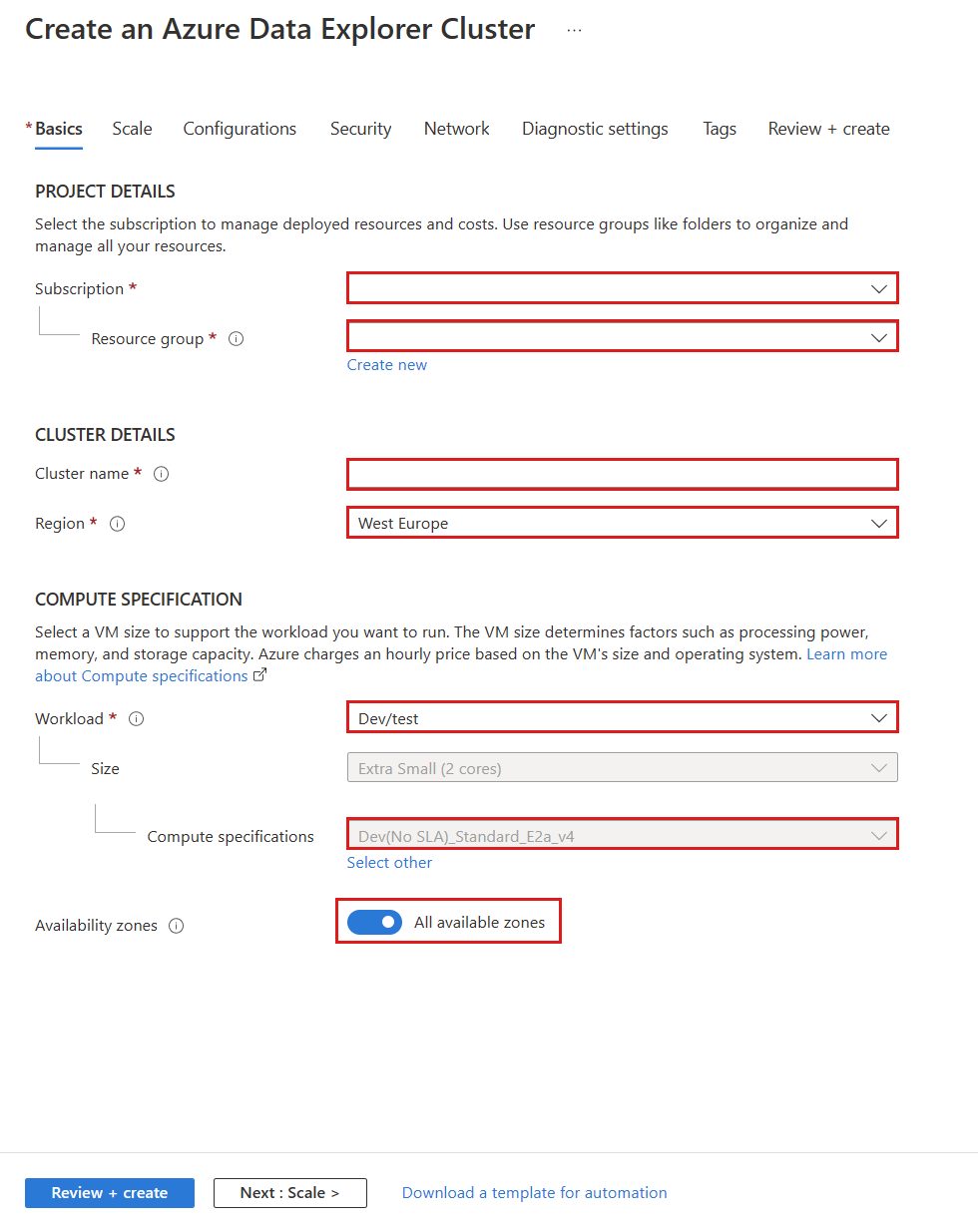 Screenshot of the cluster form.