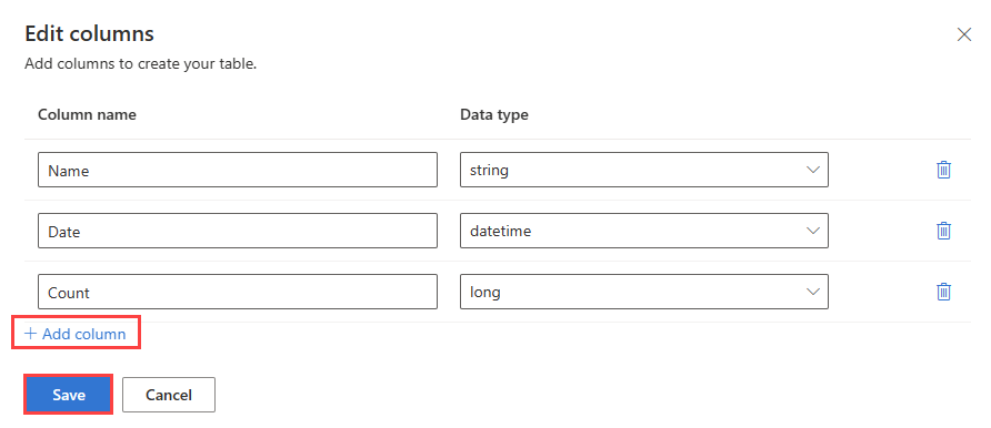 Azure Data Explorerで列名とデータ型を入力する [列の編集] ペインのスクリーンショット。