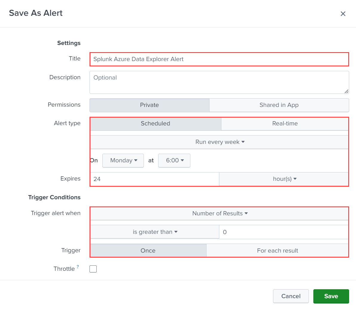 Azure Data Explorer アドオンの設定を示すアラートの作成ダイアログのスクリーンショット。