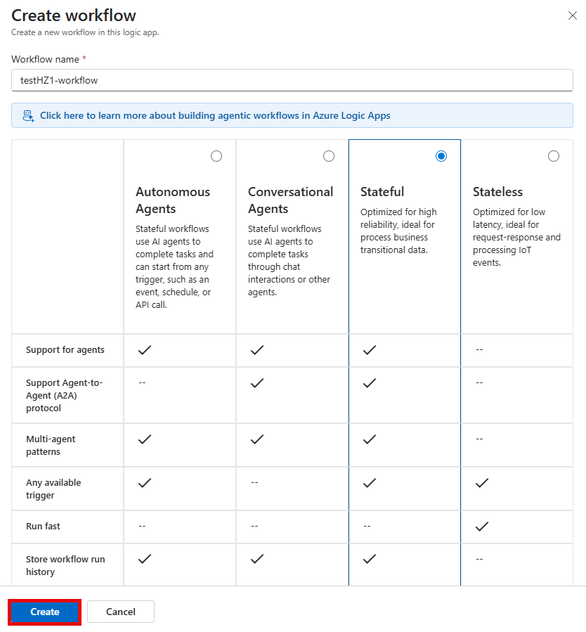 入力された詳細と [作成] ボタンが表示されている [新しいワークフロー] ページのスクリーンショット。