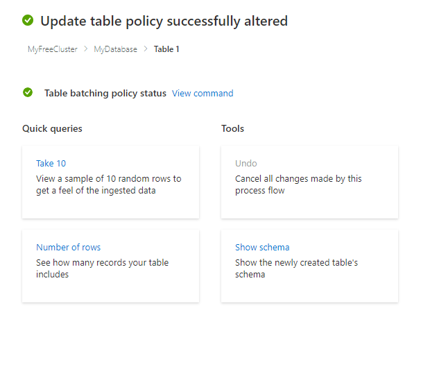 Azure Data Explorer のテーブル バッチ処理ポリシーの更新ウィザードの最終画面のスクリーンショット。