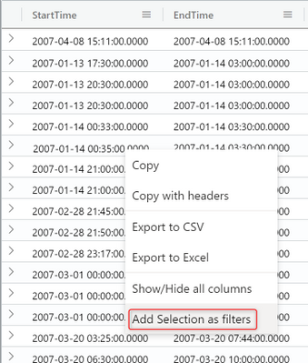 グリッドからクエリを直接実行するための [Add selection as filter] (選択内容をフィルターとして追加) オプションを示すドロップダウン メニューのスクリーンショット。