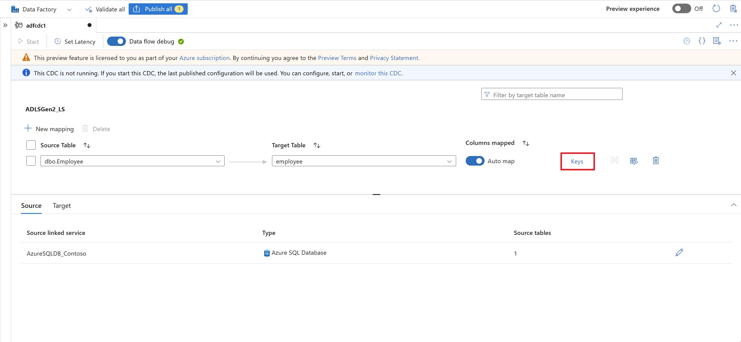 Screenshot of the link to enable Keys column selection.