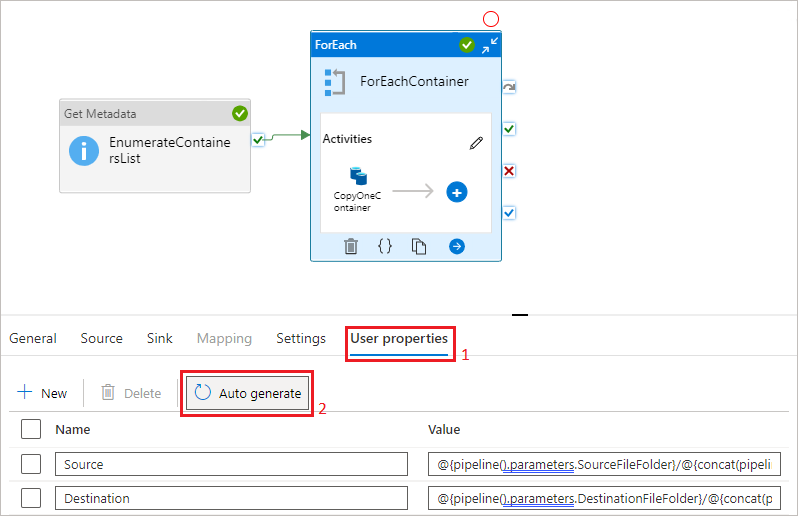 Screenshot showing User Properties under Copy activity.