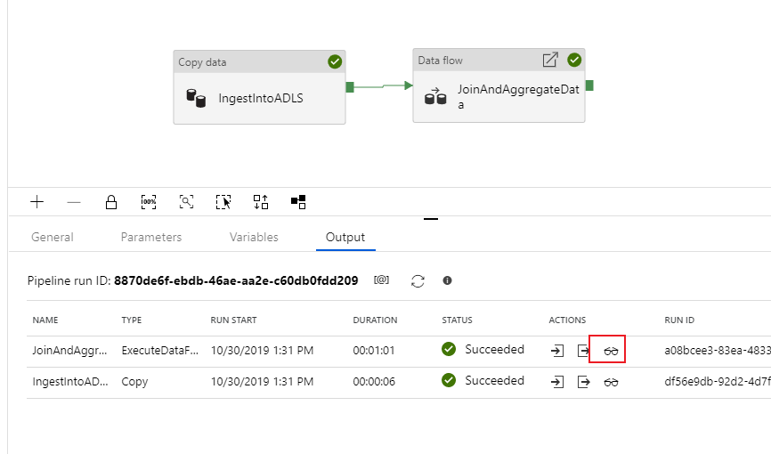 Screenshot from the Azure portal of the output monitor on a pipeline.