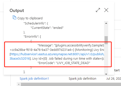 Spark ジョブ定義アクティビティ実行の出力ユーザー エラーを表す UI のスクリーンショット。