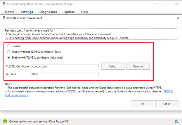 セルフホステッド統合ランタイム Configuration Manager でのリモート アクセス設定の確認を示すスクリーンショット (手順 2)。