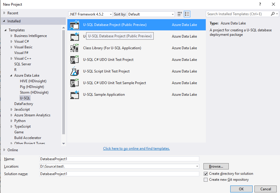 Data Lake Tools for Visual Studio -- U-SQL データベース プロジェクトの作成