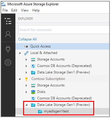 Data Lake Storage Gen1 ノード内のアカウントの例を示すスクリーンショット