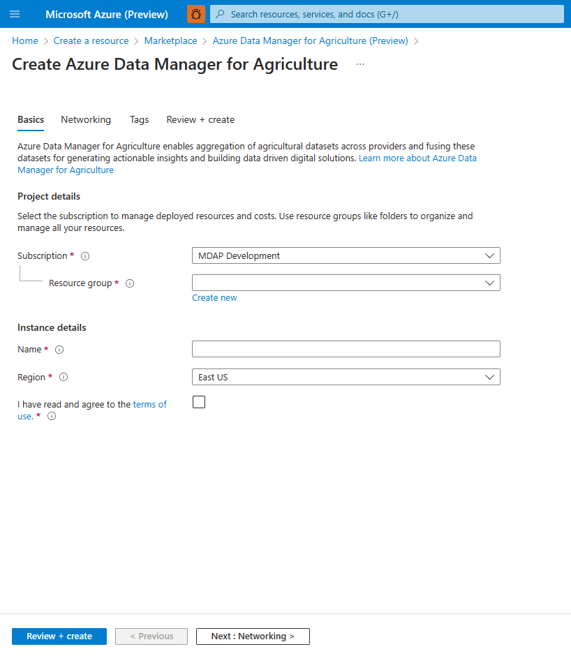 Azure portal での Data Manager for Agriculture リソース作成フローを示すスクリーンショット。