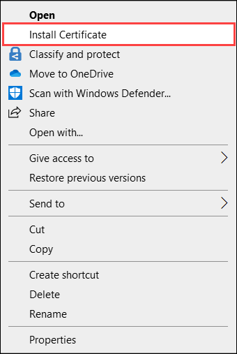 Screenshot the context menu for a file in Windows File Explorer. The Install Certificate option is highlighted.