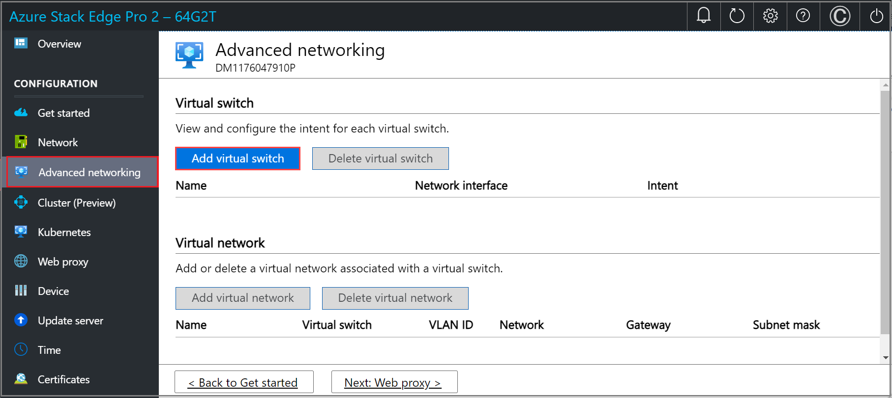 Azure Stack Edge デバイスのローカル Web UI の [高度なネットワーク] ページのスクリーンショット。[Add virtual switch] (仮想スイッチの追加) ボタンが強調表示されています。