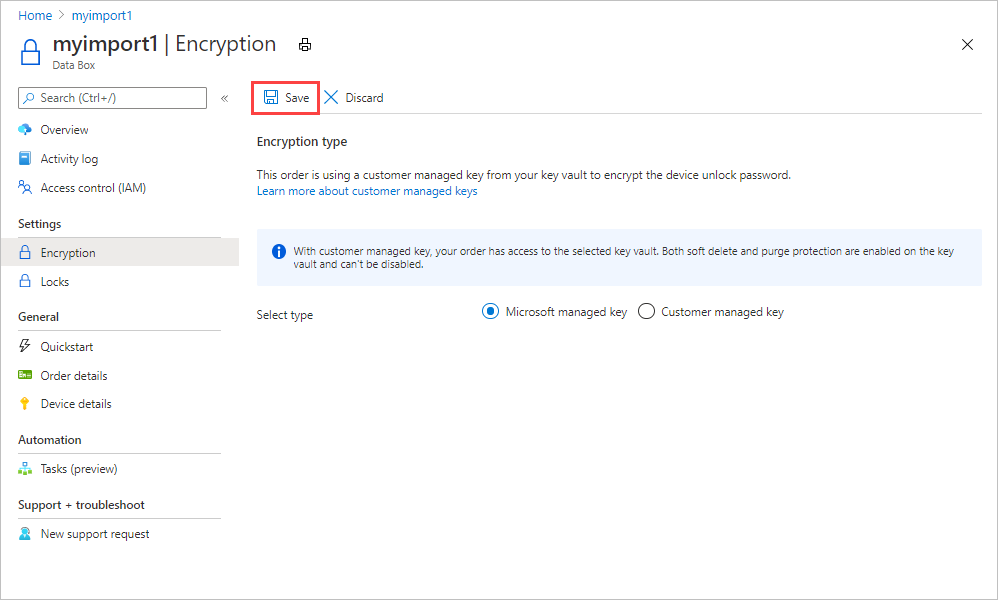 更新した暗号化の設定 (Microsoft マネージド キー) を保存する