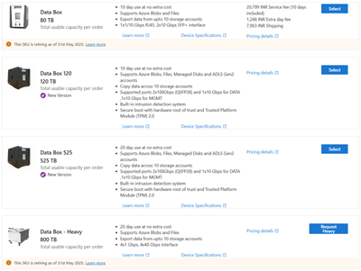 エクスポート注文で使用可能な Data Box SKU を示す画面キャプチャ。