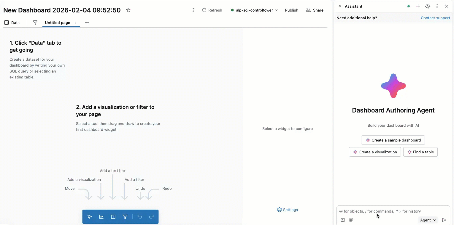 ダッシュボードでダッシュボードを作成する場合は、アシスタントを使用します。