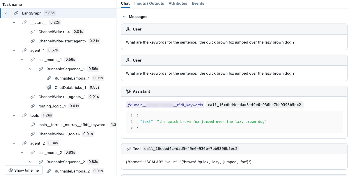 ツールの選択を示すノートブックの MLflow トレース出力。