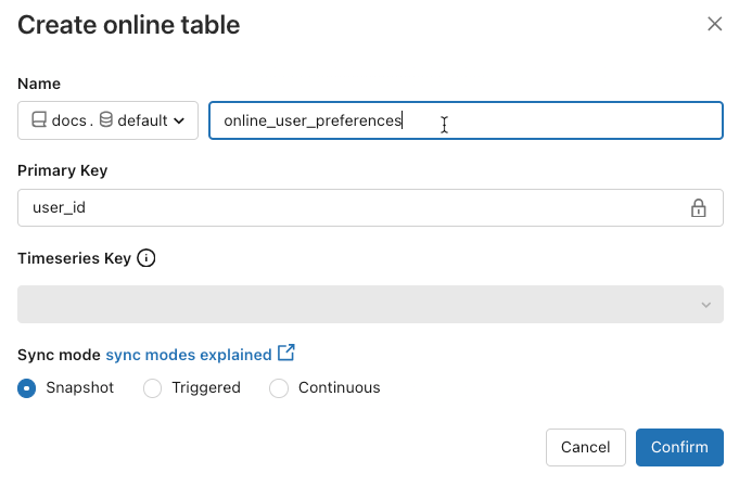 [configure online table] (オンライン テーブルの構成) ダイアログ